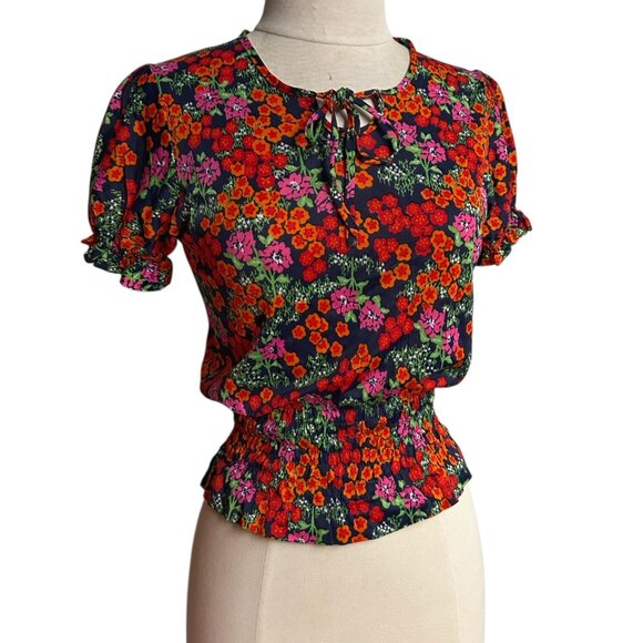 70s vintage floral milkmaid top short puff sleeve cottagecore boho elastic. - Picture 5 of 5